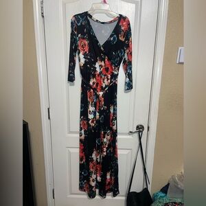 Black Floral Wrap Maxi Dress with Red & Cream Blooms
